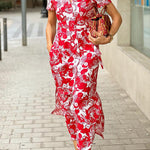 Red marine life print V-neck short-sleeved waist dress