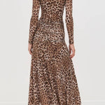Retro leopard print high collar slim floor-length dress