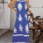 A-Line Loose Contrast Color Halter-Neck Maxi Dresses