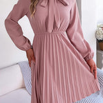Long Sleeves Loose Pleated Solid Color Tied Mock Neck Mini Dresses