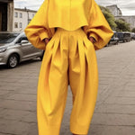 High-Low Loose Pleated Pockets Solid Color Pants Trousers