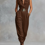 Women's Minimalist Linen-blend Button-up Collared Sleeveless Jumpsuit