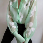 Puff Sleeves Floral Printed Gauze Pleated See-Through Split-Joint Lapel Blouses&Shirts Tops