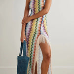 Playful Knit Colorful Zigzag Pattern Halter Slit Tassle Trim Maxi Dress