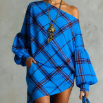 Long Sleeves Puff Sleeves Asymmetric Contrast Color Plaid Pleated One-Shoulder Mini Dresses
