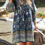 A-Line Loose Contrast Color Flower Print Pleated V-Neck Mini Dresses