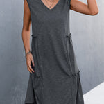 A-line Loose Pleated Solid Color Split-Joint V-neck Midi Dresses