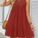 Loose Sleeveless Hollow Pleated Solid Color Split-Joint Round-Neck Mini Dresses