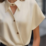 Short Sleeves Buttoned Solid Color Lapel Blouses&Shirts Tops