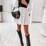 Long Sleeves Loose Contrast Color Pleated Split-Joint Lapel Mini Dresses