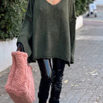 Fashionable Patchwork V-neck Long-sleeved Knitted Sweater