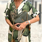 Green flower v-neck short-sleeved loose dress