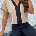 Loose Short Sleeves Contrast Color V-Neck T-Shirts Tops