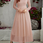 High Waisted Long Sleeves Buttoned Gauze See-Through Solid Color V-Neck Maxi Dresses