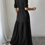 Half Sleeves High Waisted Pleated Solid Color Split-Front V-Neck Maxi Dresses