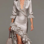 Ruffled Satin Asymmetrical Hem Midi Dress