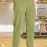 Solid color elastic waist striped straight casual pants