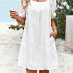 Loose Puff Sleeves Jacquard Solid Color Square-Neck Mini Dresses