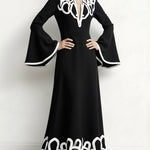 A-Line Flared Sleeves Abstract Printed Contrast Color Hollow Line Split-Joint Stand Collar Maxi Dresses