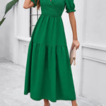 A-Line High Waisted Elasticity Pleated Solid Color Split-Joint V-Neck Midi Dresses