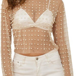Pearl-Embellished Mesh Long-Sleeved Top
