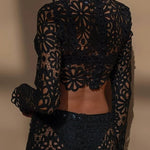 Balmy Summers Crochet Lace Floral Pattern Long Sleeve Crop Vacation Top