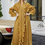 Original Loose Long Sleeves Tied Pleated Falbala Solid Color V-Neck Maxi Dresses