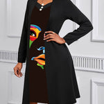 A-Line False Two Buttoned Contrast Color Human Pattern Print Split-Joint Square-Neck Midi Dresses