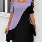 A-Line Loose Contrast Color Hollow Mesh Split-Joint Cold Shoulder Mini Dresses