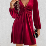 A-Line High Waisted Knot Pleated Solid Color Split-Joint Velvet Deep V-Neck Mini Dresses