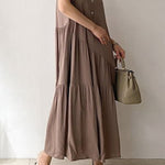 A-Line Loose Buttoned Pleated Ruffled Solid Color Split-Joint Tiered Stand Collar Midi Dresses