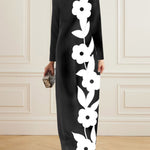 Long Sleeves Loose Contrast Color Flower Print Split-Joint Round-Neck Maxi Dresses