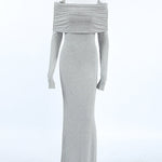 Long Sleeves Skinny Pleated Solid Color Split-Joint Off-The-Shoulder Evening Dresses Maxi Dresses