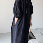 Loose Puff Sleeves Pleated Split-Joint Zipper Stand Collar Maxi Dresses Shirt Dress