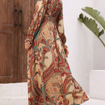 Loose Puff Sleeves Elasticity Printed V-Neck Maxi Dresses