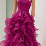 Strapless Magenta Ruffled Ball Gown