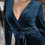Solid Color Velvet Deep V Belt Slim Jumpsuit