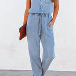 Drawstring Waist Distressed Denim Tank Jumpsuit