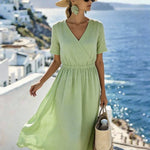 Women'S Solid Color V-Neck Loose-Fitting Vacation Dress