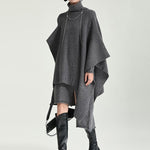 Casual Long Sleeves Loose Solid Color High-Neck Shawl&Sweater Dresses Two Pieces Set