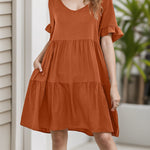 A-Line Flared Sleeves Pleated Pockets Ruffled Solid Color Split-Joint Round-Neck Mini Dresses