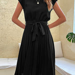 A-Line Loose Pleated Solid Color Tied Waist Round-Neck Midi Dresses