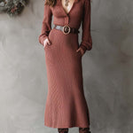 Ribbed Knit Maxi Dress With Deep V Collar And Leather Belt
