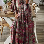 V-Neck Loose Peris Print Vacation Long Sleeve Maxi Dress