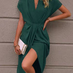 High-Low Loose Knot Pleated Solid Color Split-Front V-Neck Midi Dresses