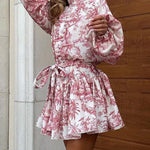 Loose Puff Sleeves Pleated Printed Split-Joint Tied Waist Stand Collar Mini Dresses