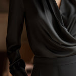 Black Draped Silk Blouse With Neck Tie Detail