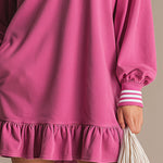 Sporty Retro Pink Cotton Half-Zip Ruffle Sweatshirt Mini Dress
