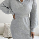 Lapel Balloon Sleeve Knit Dress
