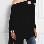 Long Sleeves Loose Asymmetric Hollow Solid Color Asymmetric Collar T-Shirts Tops